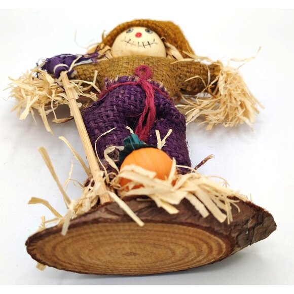 Scarecrow Figure Handmade Fall 7.5 In Wood Base Halloween Pumpkin Harvest Decor - Picture 11 of 15